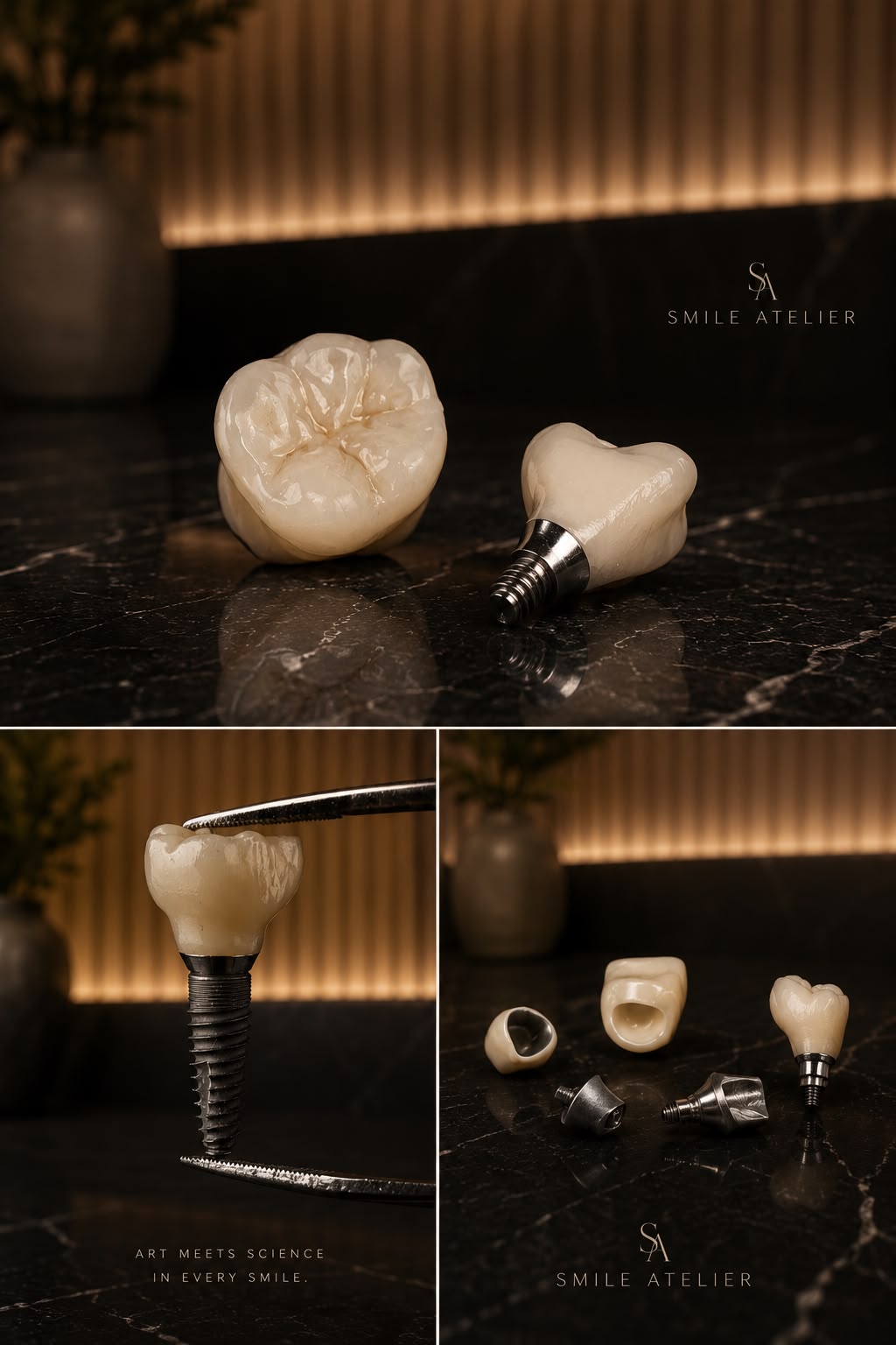 Dental implant crown components at Smile Atelier on black marble